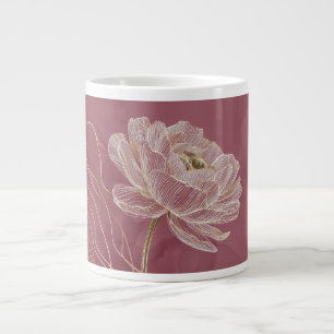 Caneca De Café Grande Arte Linear Floral em Dourado Rosa Empoeirado Eleg
