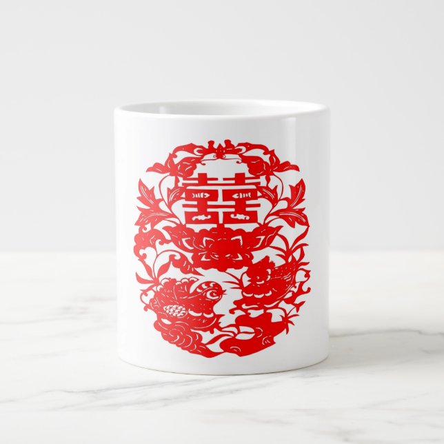 Caneca De Café Grande Arte Popular Chinesa Dupla Felicidade Ama Pássaros (Frente)