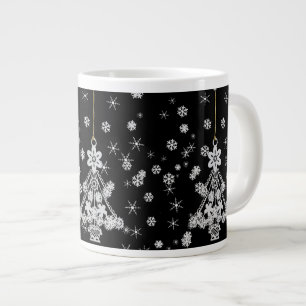 Caneca De Café Grande Árvore de Natal Branca e Flocos de Neve ornamentad