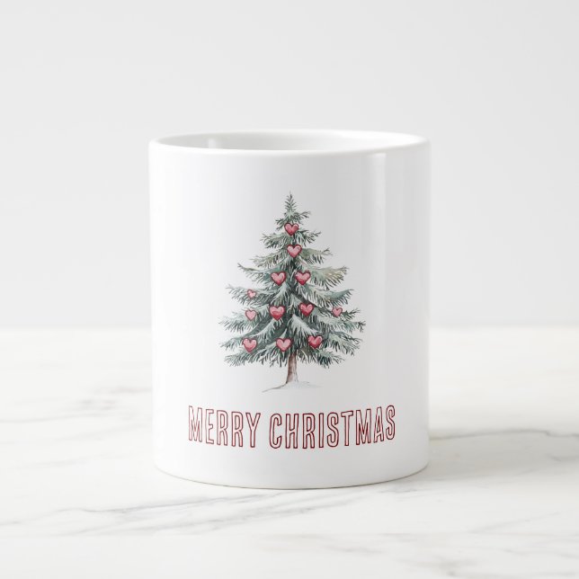 Caneca De Café Grande Árvore de Natal com Corações (Frente)