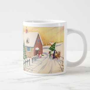 Caneca De Café Grande Árvore natal vintage em uma estrada Snowy Winter