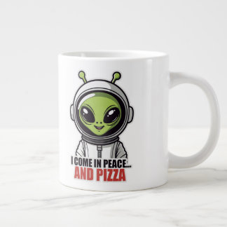 Caneca De Café Grande Astronauta Alien Fofo "Venho em Paz e Pizza"