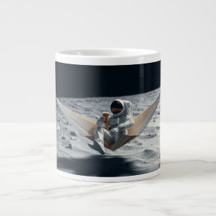 Caneca De Café Grande Astronauta Relaxando com Cerveja na Lua