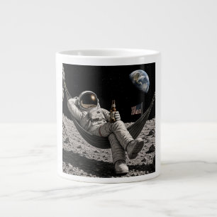 Caneca De Café Grande Astronauta Relaxando com Cerveja na Lua