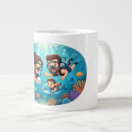 Caneca De Café Grande Aventura de Mergulho Familiar com Equipamento Autô