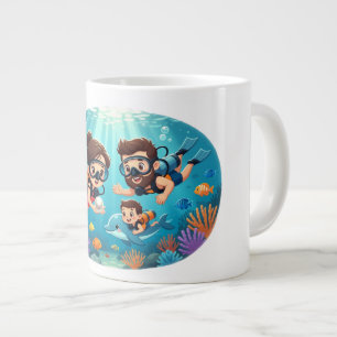 Caneca De Café Grande Aventura de Mergulho Familiar com Equipamento Autô
