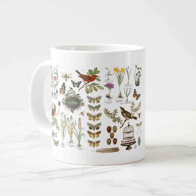 Caneca De Café Grande aves botânicas francesas e flores modernas (Frente Esquerda)