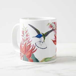 Caneca De Café Grande Aves de Capoeira Azul Flores Vermelhas Jumbo Mug
