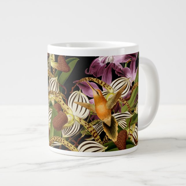 Caneca De Café Grande Aves de Capoeira, Flores de Orquídeas Jumbo Mug (Frente Esquerda)