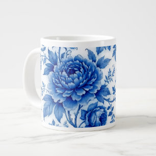 Caneca De Café Grande Azul Fluido Flores Rosas Peônias Azul Cobalto Bran