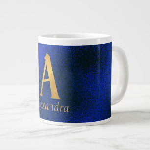 Caneca De Café Grande Azul metálico e Monograma Dourado A