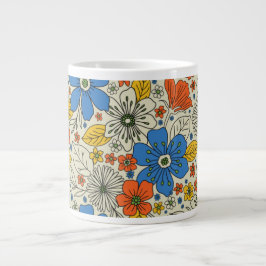 Caneca De Café Grande Azul Retroativo, Amarelo e Laranja Floral