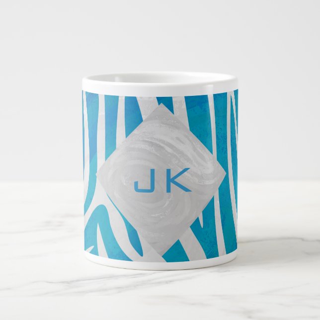 Caneca De Café Grande Azul Zebra e Branco com Monograma (Frente)
