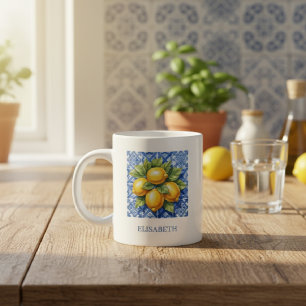 Caneca De Café Grande Azulejo Personalizado Azul Branco Limão Amalfi Itá