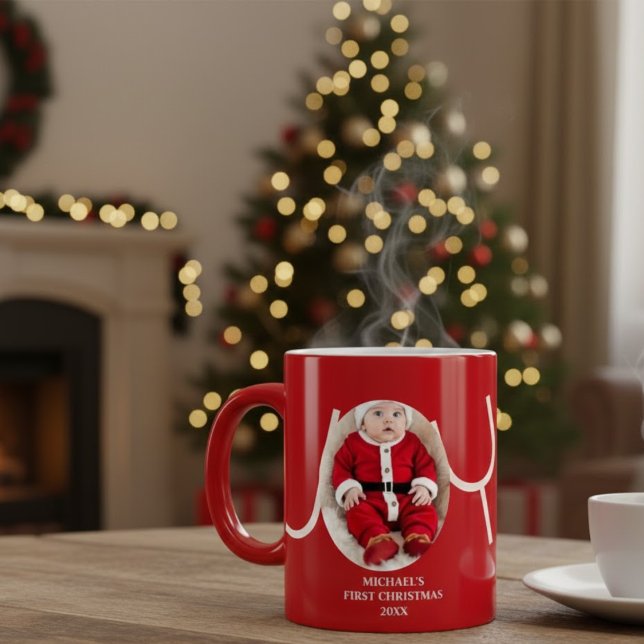 Caneca De Café Grande Baby's First Christmas Photo Red Coffee Mug (Criador carregado)
