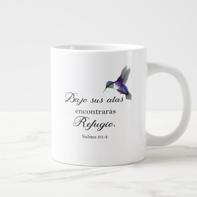 Caneca De Café Grande Bajo sus alas Salmo 91 bíblia verso espanhol (Direita)