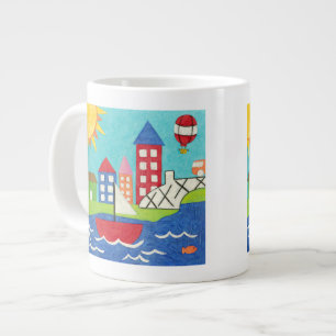 Caneca De Café Grande Balão de vela e ar quente com paisagem urbana