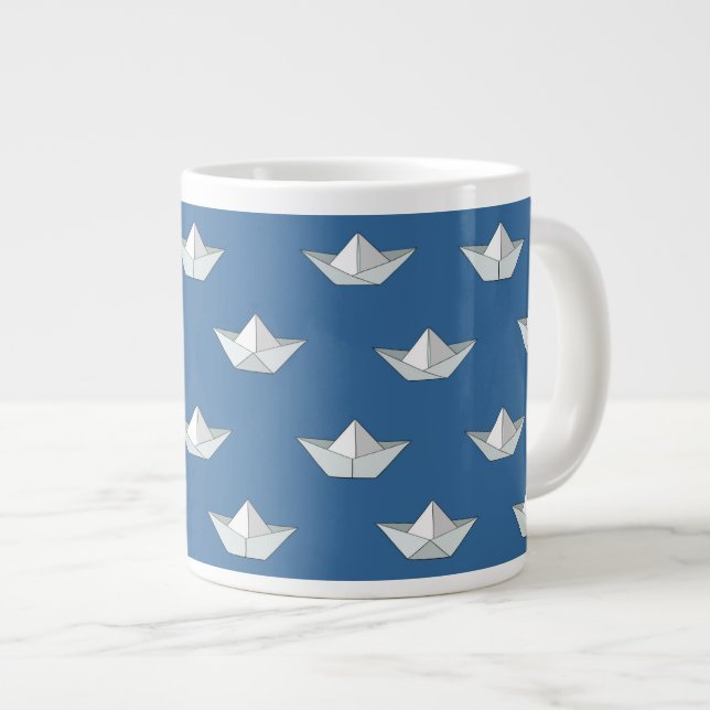 Caneca De Café Grande Barcos Origami No Padrão De Água (Frente Esquerda)