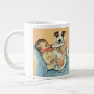 Caneca De Café Grande Bebê Menino Fofo Antigo com Mamadeira e Cachorro