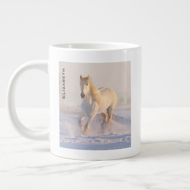 Caneca De Café Grande Belo Cavalo Branco Galopando na Neve (Esquerda)