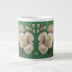 Caneca De Café Grande Belo Nome Monograma de Peônias Brancas e Rosas