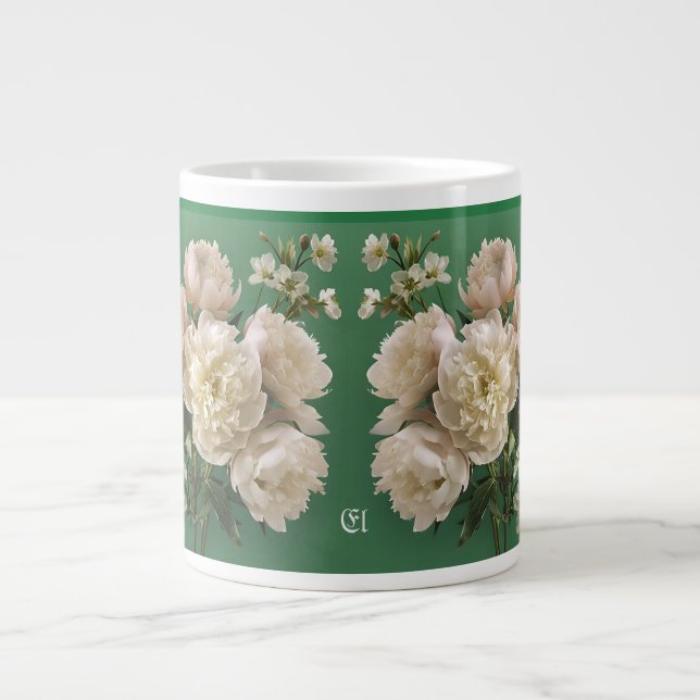 Caneca De Café Grande Belo Nome Monograma de Peônias Brancas e Rosas (Frente)