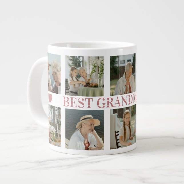 Caneca De Café Grande Best Grandma Ever Photo Collage – Gift with Hearts (Frente Esquerda)