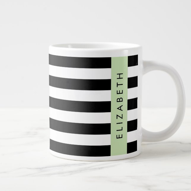 Caneca De Café Grande Black and White Stripes, Stripes, Linhas, Seu Nome (Direita)
