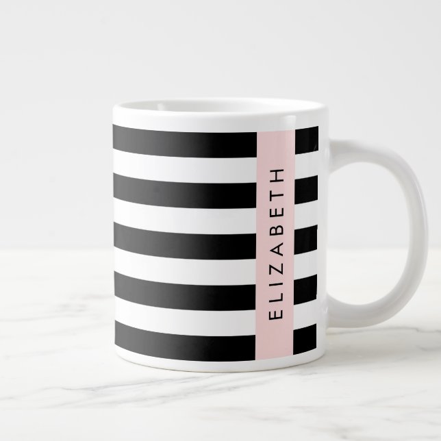 Caneca De Café Grande Black and White Stripes, Stripes, Linhas, Seu Nome (Direita)
