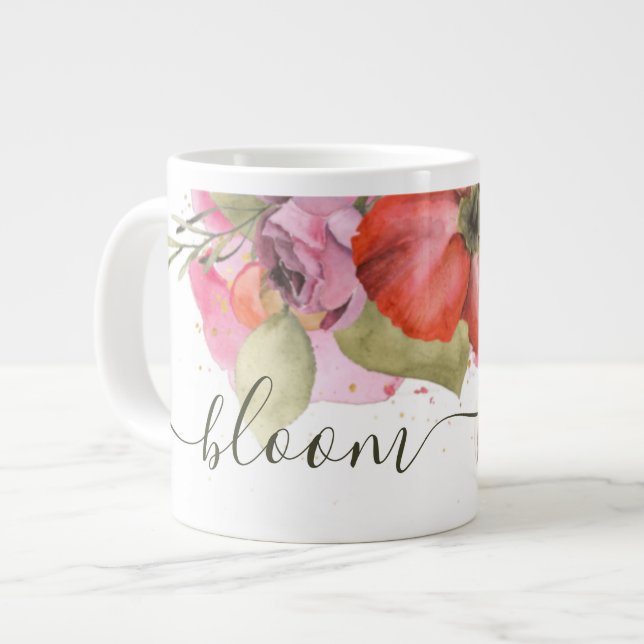 Caneca De Café Grande "Bloom" Floral Vermelho e Rosa Elegante (Frente Esquerda)