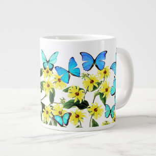 Caneca De Café Grande Blue Morpho Butterflies Coneflower Flowers Mug