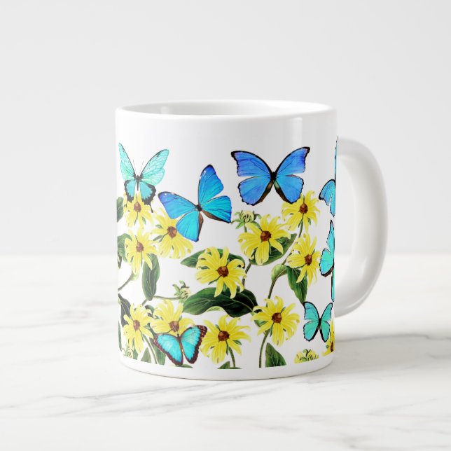 Caneca De Café Grande Blue Morpho Butterflies Coneflower Flowers Mug (Frente Esquerda)