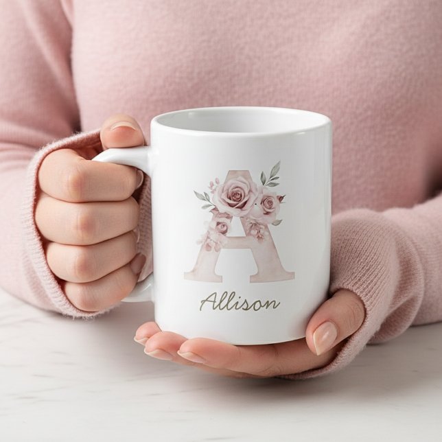 Caneca De Café Grande Blush Floral Monogram Feminine Mug - Letter A (Blush Floral Monogram Feminine Mug - Letter A)