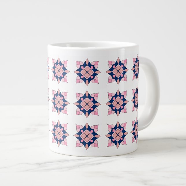 Caneca De Café Grande Blush Rosa e Azulejos Florais Geométricos Navy (Frente Esquerda)