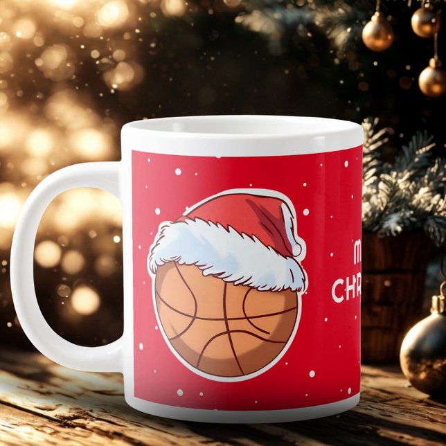 Caneca De Café Grande Bola de basquete Red Santa Hat Feliz Natal (Criador carregado)