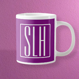 Caneca De Café Grande Bold Modern 3 Iniciais Monograma | Branco e Roxo