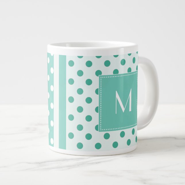 Caneca De Café Grande Bolinhas de turquesa Monogramas Jumbo Mug (Frente Esquerda)