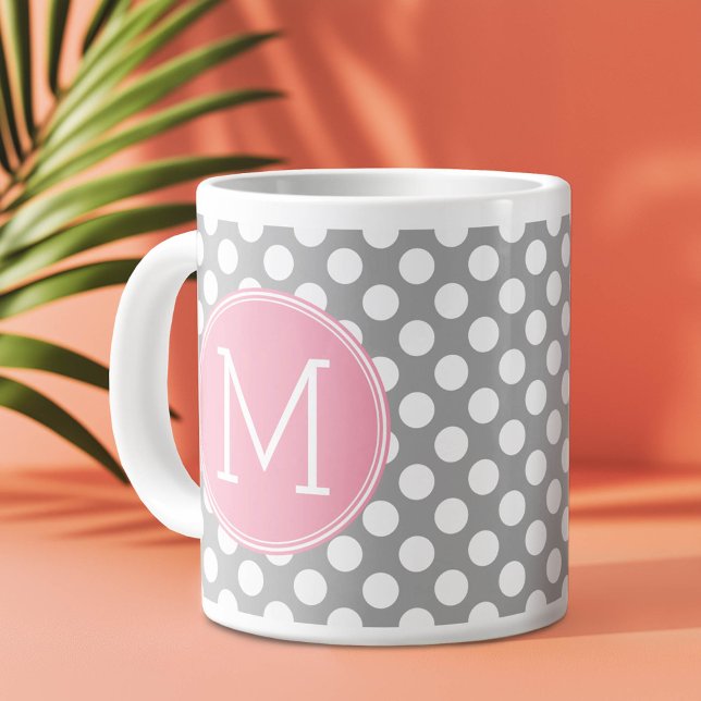 Caneca De Café Grande Bolinhas rosa e Cinzas com monograma personalizado (Custom Monogram Mug)