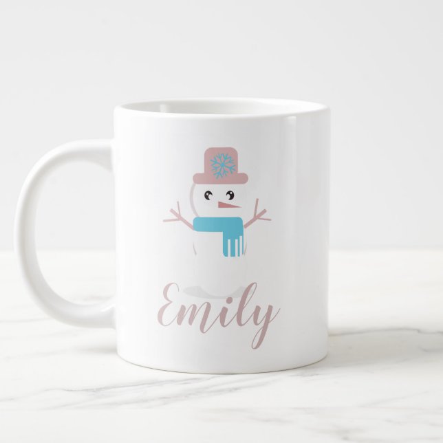Caneca De Café Grande Boneco de Neve de Natal Rosa Pastel Nome  (Esquerda)