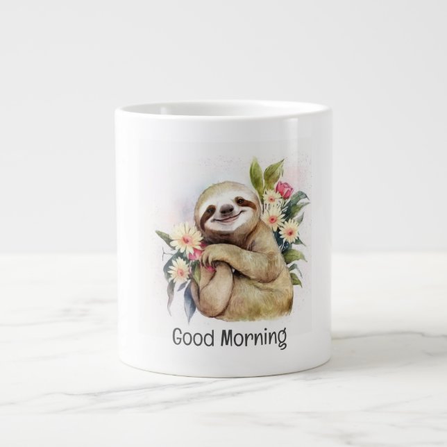 Caneca De Café Grande Bonita Sloth Sorridente com Flores - Boa Manhã (Frente)
