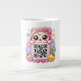Caneca De Café Grande Bonito Personagem de Código QR Rosa Kawaii Floral