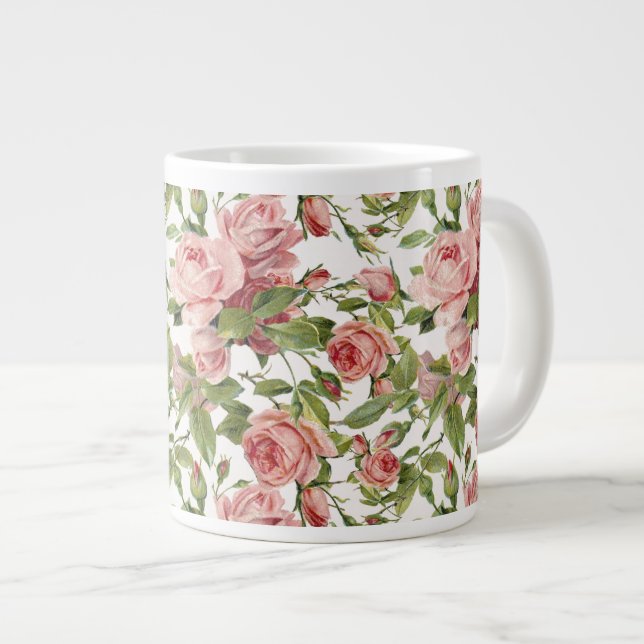 Caneca De Café Grande Bonito Rosas Rosa Vintage (Frente Esquerda)