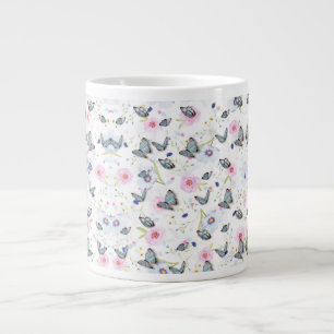 Caneca De Café Grande Borboleta Azul e Floral Rosa em Aquarela Vintage