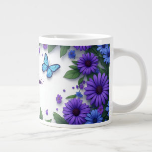 Caneca De Café Grande Borboleta Azul Flores Roxas Jardim de Primavera
