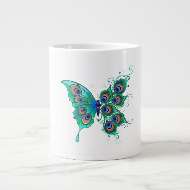 Caneca De Café Grande Borboleta com Penas de Pavão Verde (Frente)