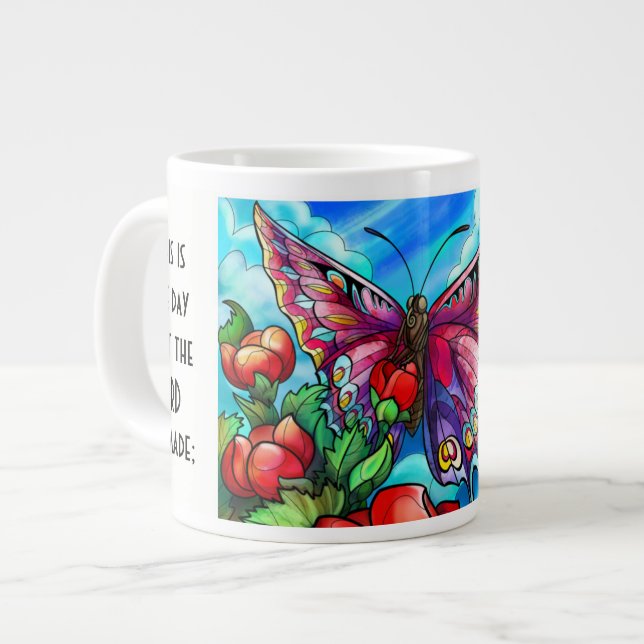 Caneca De Café Grande Borboleta com verso; Salmo 118:24 (Frente Esquerda)