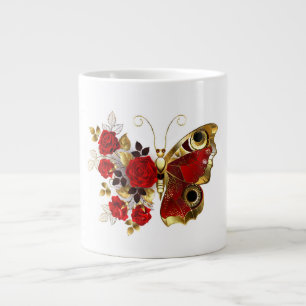 Caneca De Café Grande Borboleta de flor vermelha com rosas vermelhas