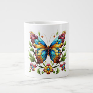 Caneca De Café Grande Borboleta de vidro colorida com flores