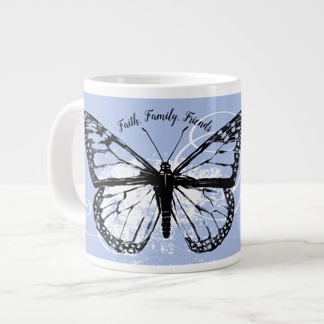 Caneca De Café Grande Borboleta Faith Família Amigos Azul Monograma (Frente Esquerda)