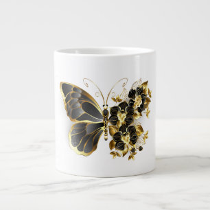 Caneca De Café Grande Borboleta Flor Dourada com Orquídea Preta